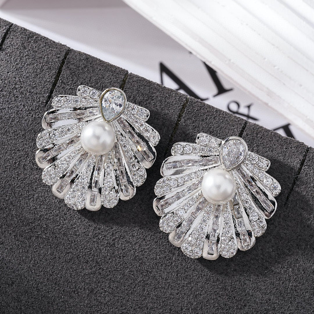 Shell Gold Silver CZ Pearl Anti Tarnish Copper Stud Earrings Bulk