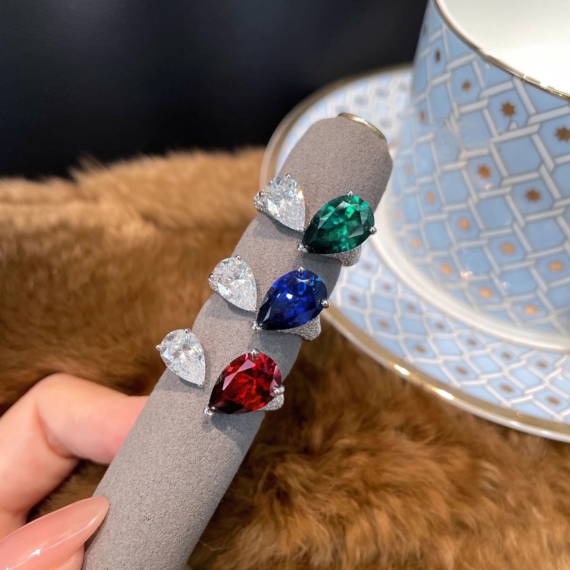 Dual Drop Solitaire CZ Silver Red Green Blue Anti Tarnish Ring Bulk