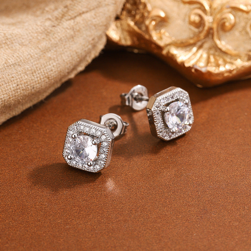 White Designer Square Cut Silver Plated CZ Copper Stud Earrings Bulk