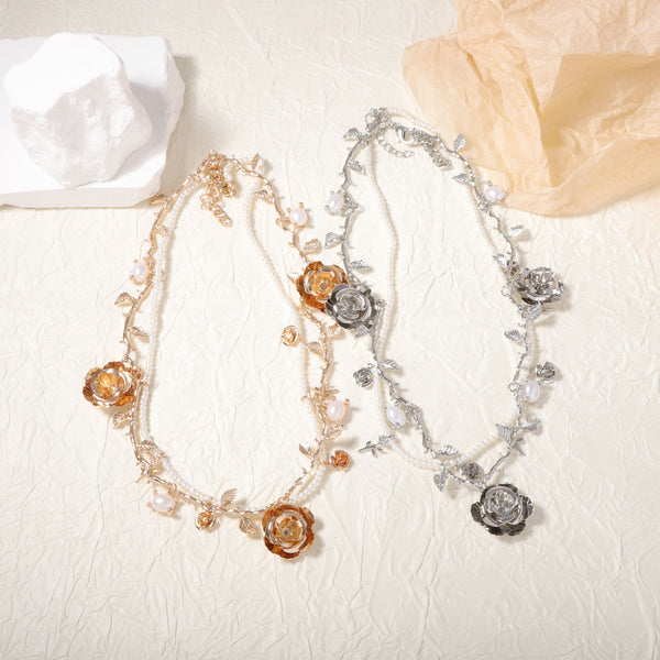 Flower Leaves 18K Gold Silver Pearl Dual Layer Necklace For Women Main image