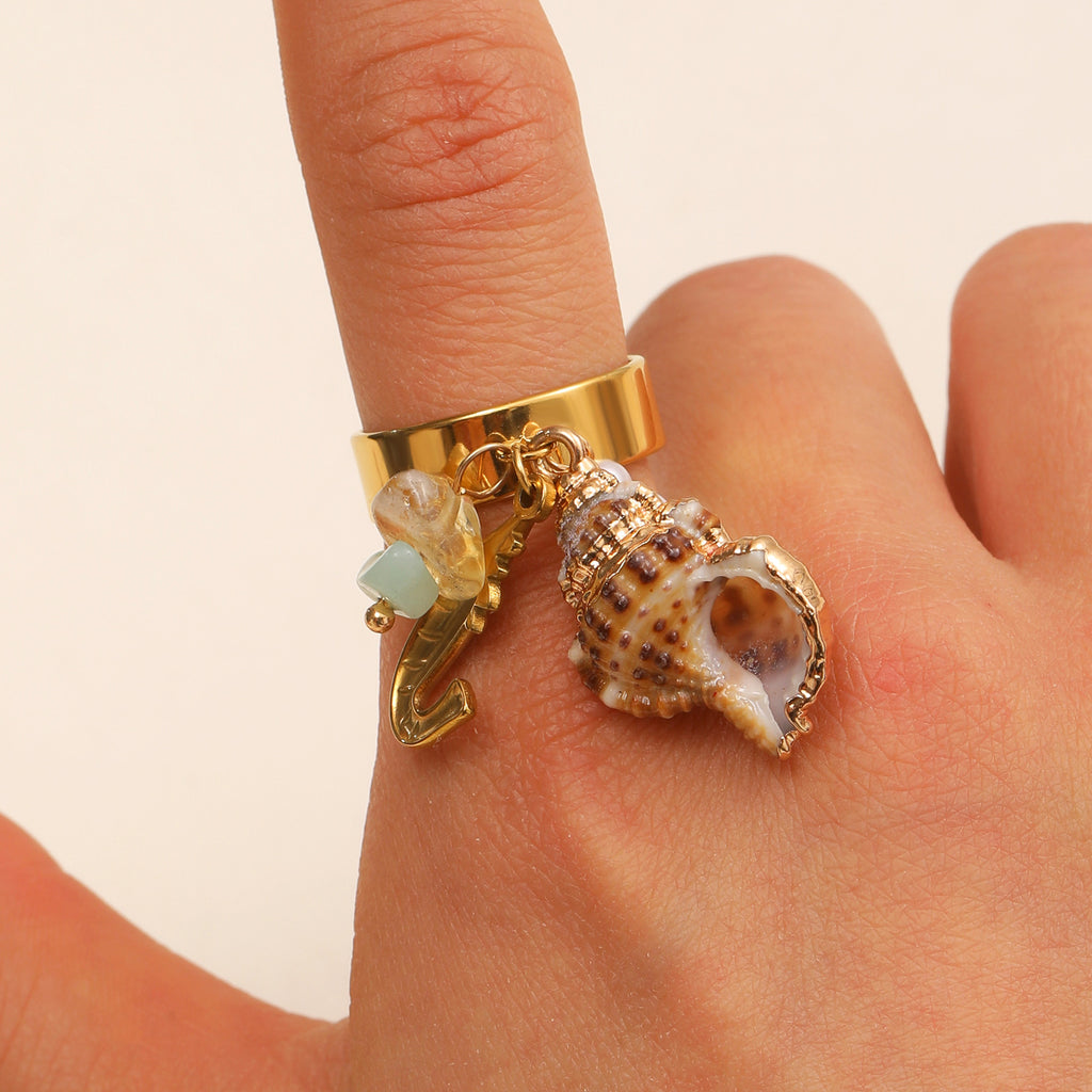 Beach Style Shell & Starfish Charm Gold Beads Pearl Copper Ring Bulk