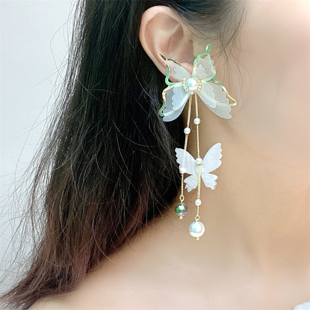 Fairy 18K Gold Long Butterfly White Pearl Anti Tarnish Necklace Earrings Set For Women Secondary image