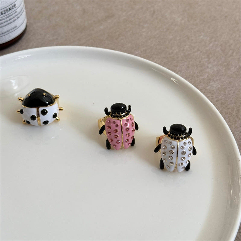 Beetle Black Pink Enamel Crystal Free Size Ring For Women Bulk