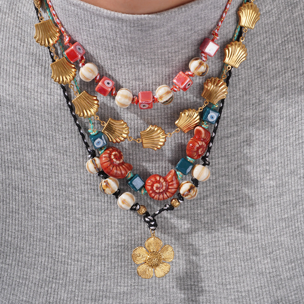 Ocean Shell Flower Evil Eye Beads Multi Thread Necklace For Women