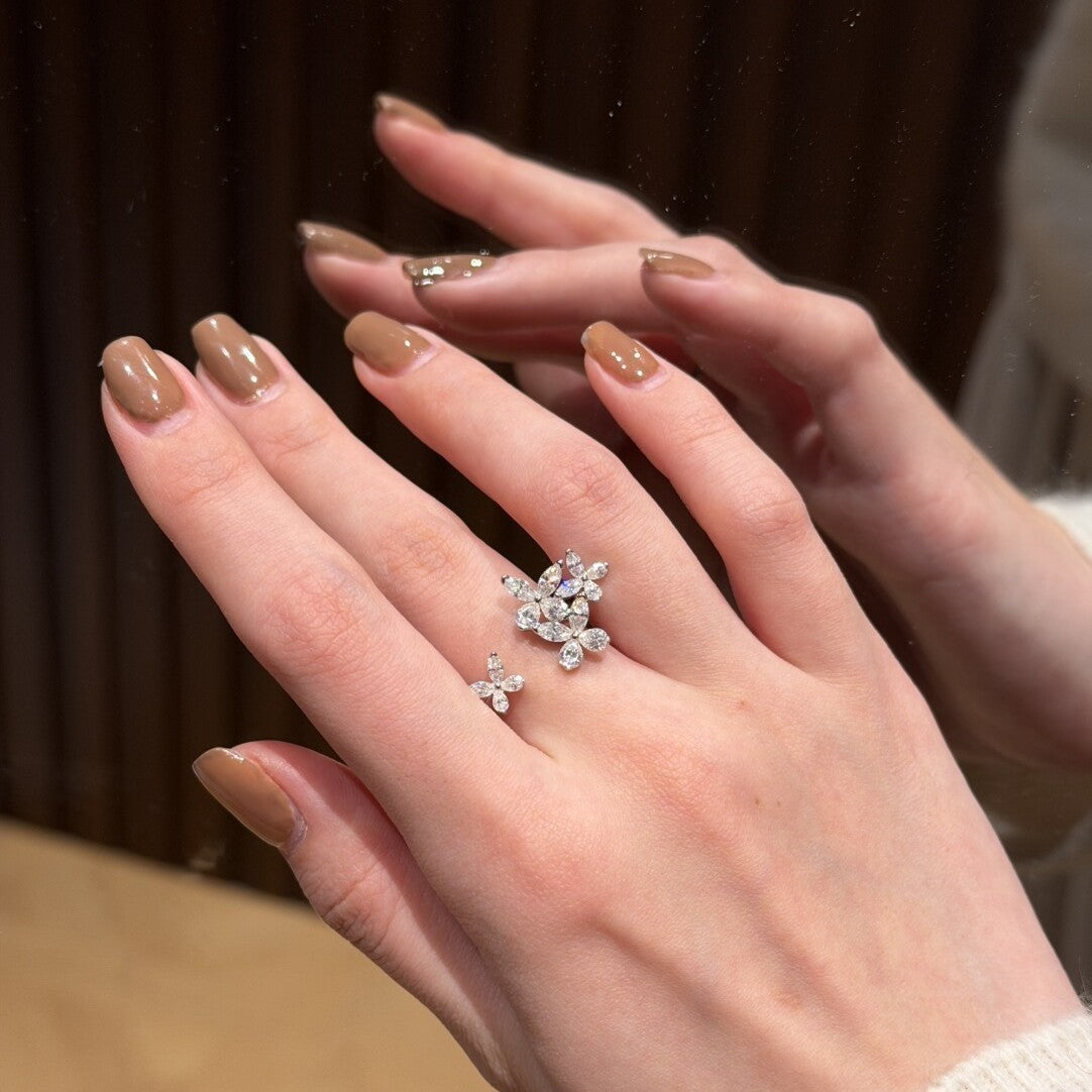 Silver Floral Cubic Zirconia Copper Adjustable Ring For Women Bulk