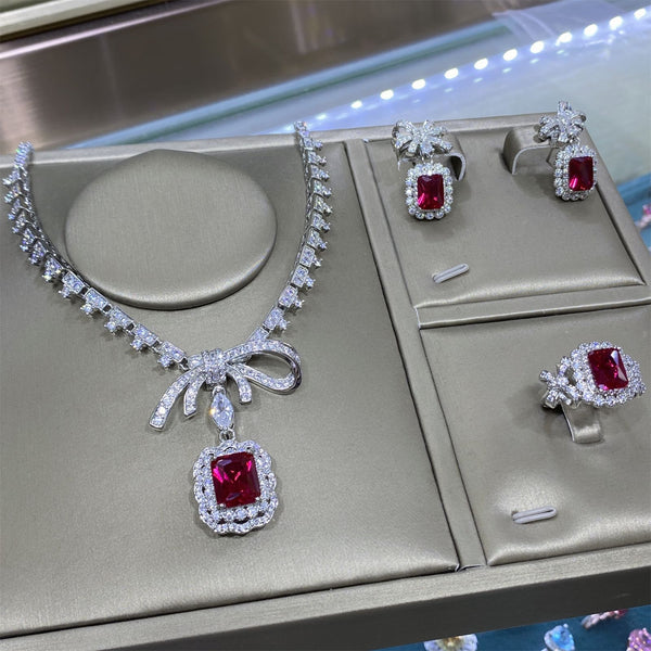 Ruby Red Emerald Cut CZ Silver Plated Copper Necklace Combo Set Bulk Main image