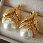 Elegant Botanical Leaf Gold Plated Pearl Copper Drop Earrings Wholesale