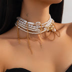 Multi Pearl Layer Link Chain 18K Gold Choker Necklace For Women Bulk