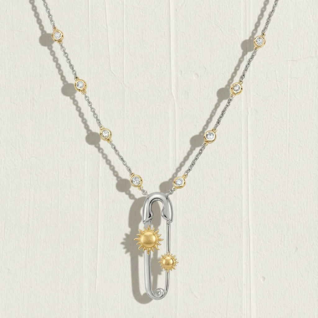 Celestial Safety Pin Style Rose Silver Gold CZ Copper Necklace Bulk
