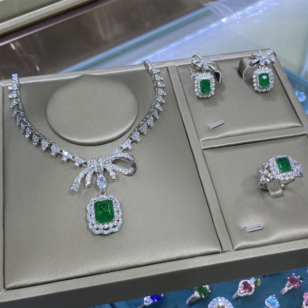 Bow Design Emerald Cut Green CZ Silver Copper Necklace Combo Set Bulk Main image