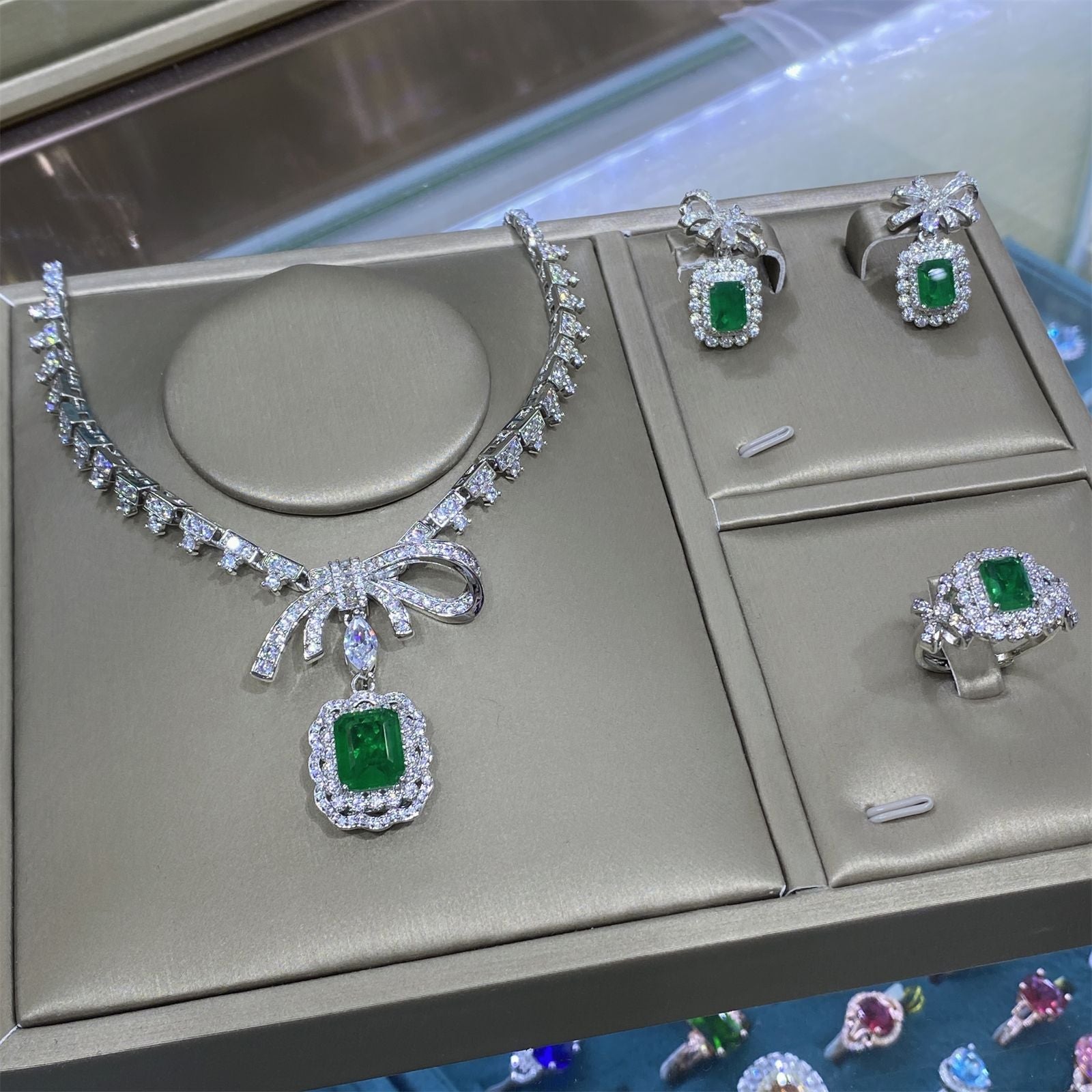 Bow Design Emerald Cut Green CZ Silver Copper Necklace Combo Set Bulk