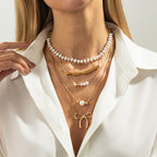 White Layered Heart & Bow Gold Plated Pearl Necklace For Women Bulk