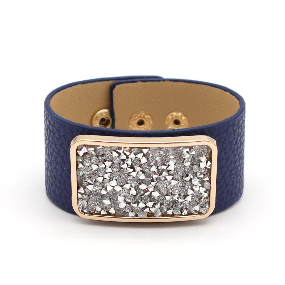 Rectangle CZ Rose Gold Anti Tarnish Wrist Band Leather Bracelet Bulk