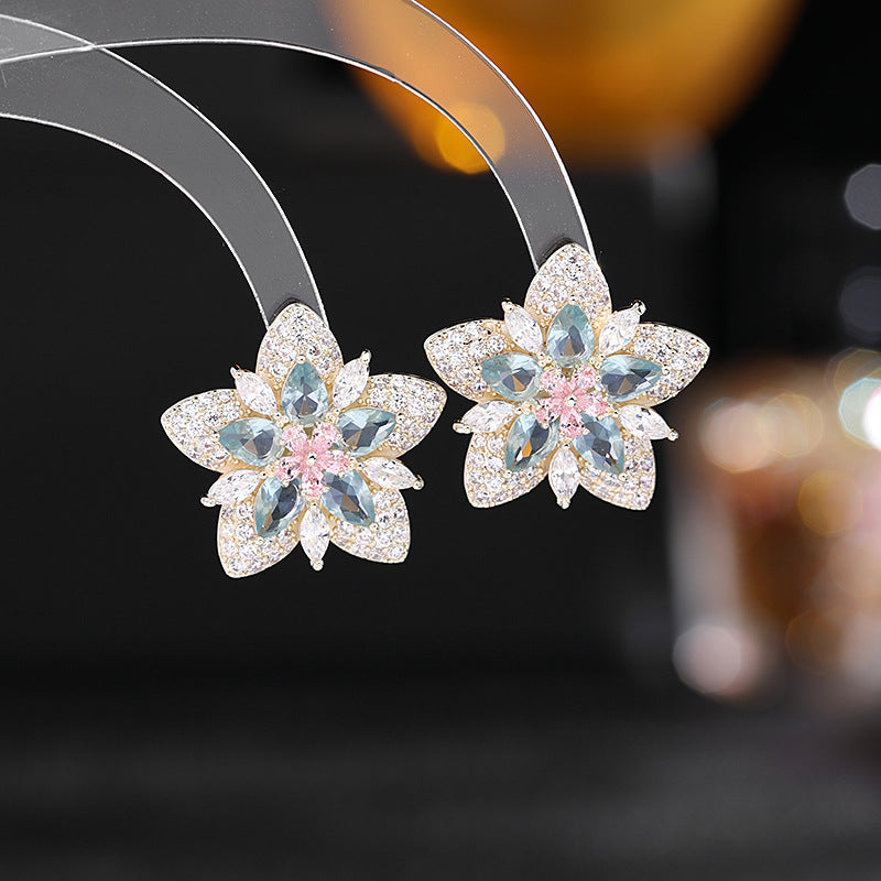 Floral Star Flower Black Green Pink Cubic Zirconia Crystal Anti Tarnish Stud Earring For Women