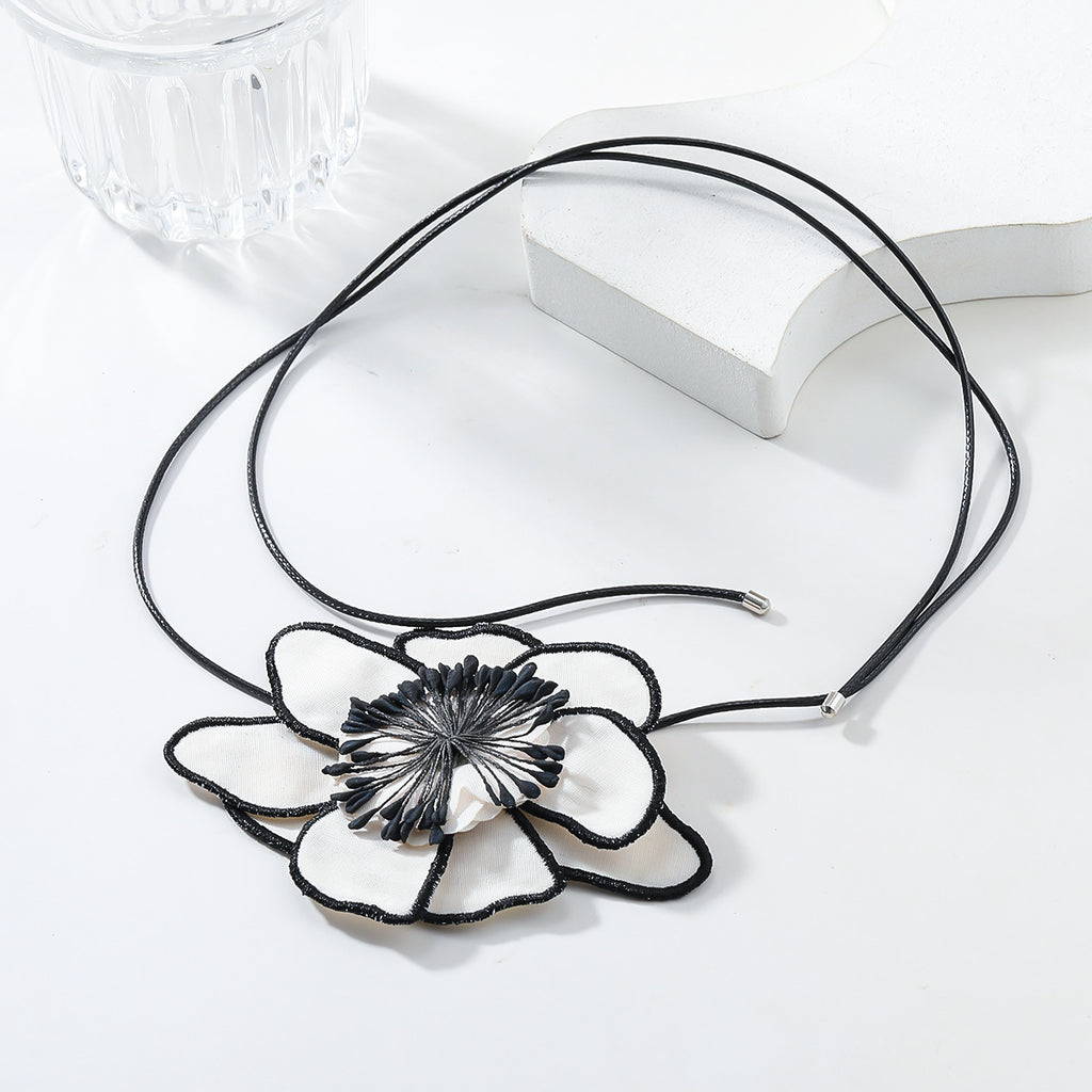 Flower Colorful Pink Green White With Black Boarder Cloth Necklace For Women