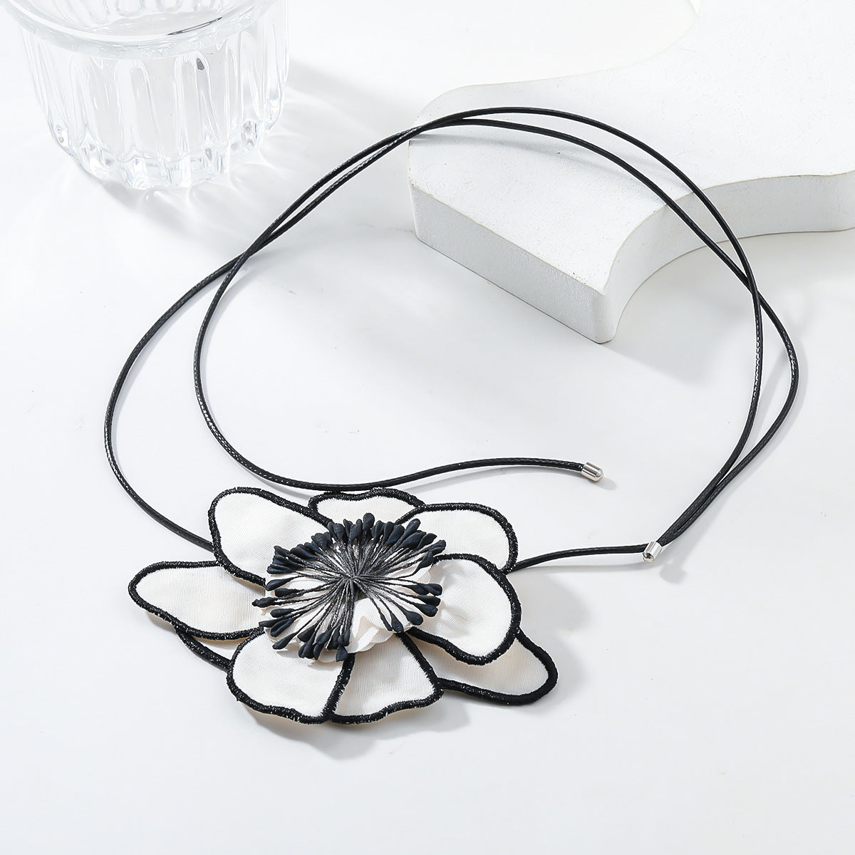 Flower Colorful Pink Green White With Black Boarder Cloth Necklace For Women