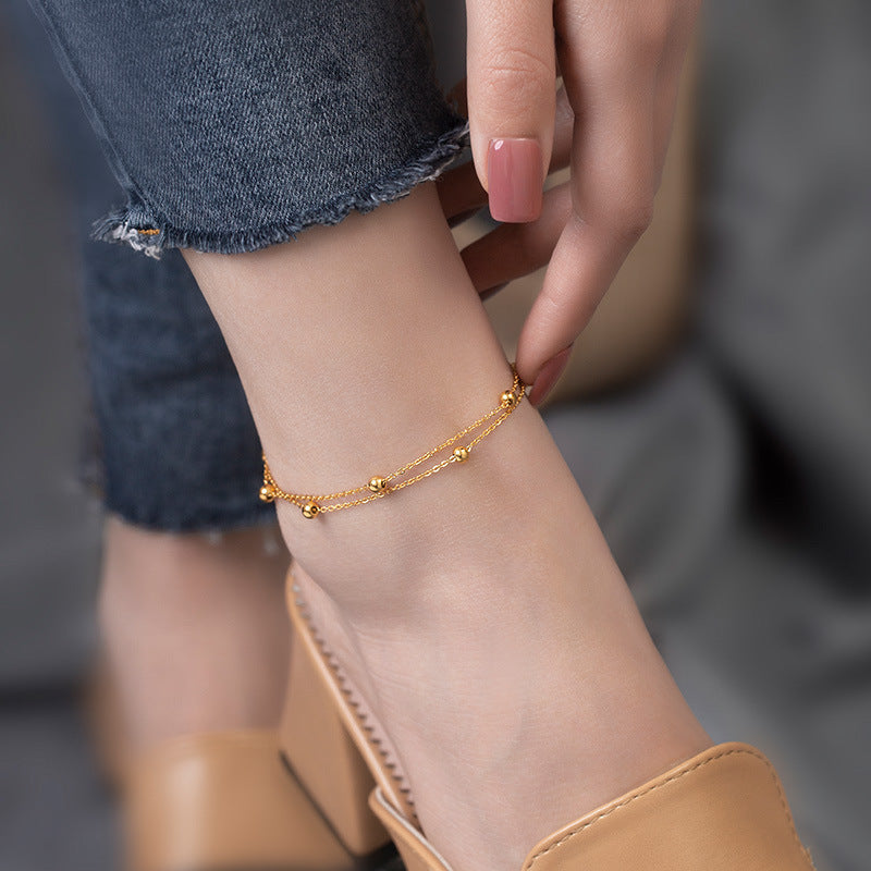Ball Link Chain 18K Gold Stainless Steel Anti Tarnish Single Layer Anklet For Women