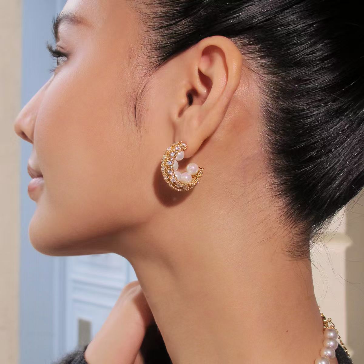 Pearl Cubic Zirconia 18K Gold Silver Anti Tarnish Hoop Earring Bulk Secondary image