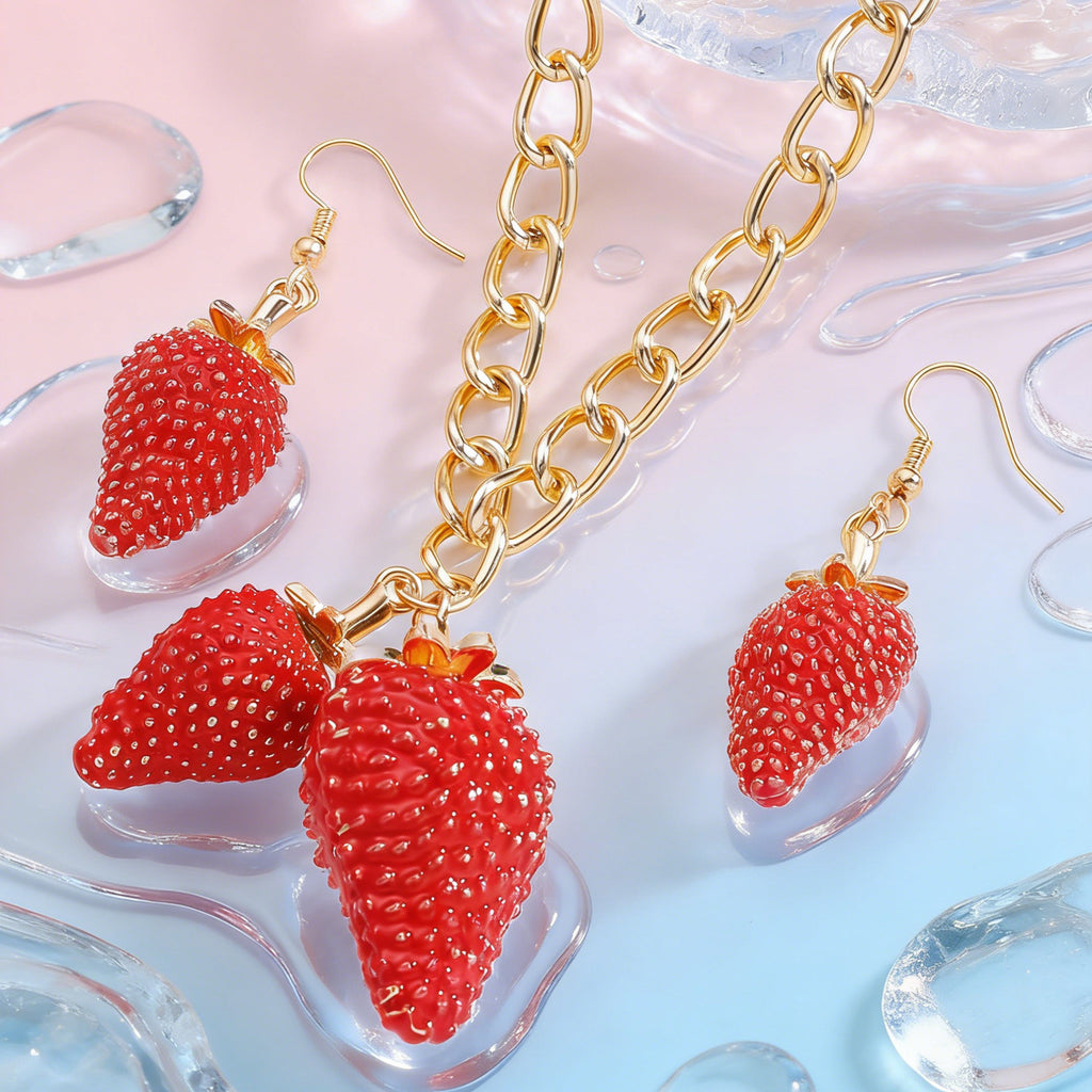 Luxury Strawberry Charm Gold Enamel Copper Necklace Earring Set Bulk