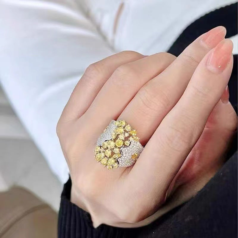 Yellow Flower Cluster Silver Cubic Zirconia Copper Adjustable Ring Women Bulk