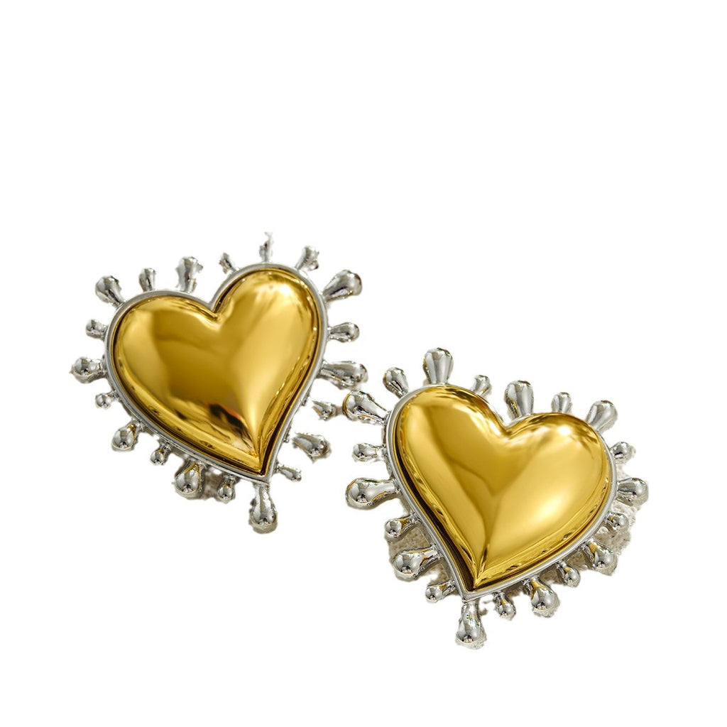 Heart Trendy Dual Tone Gold Silver Stainless Steel Stud Earrings Bulk