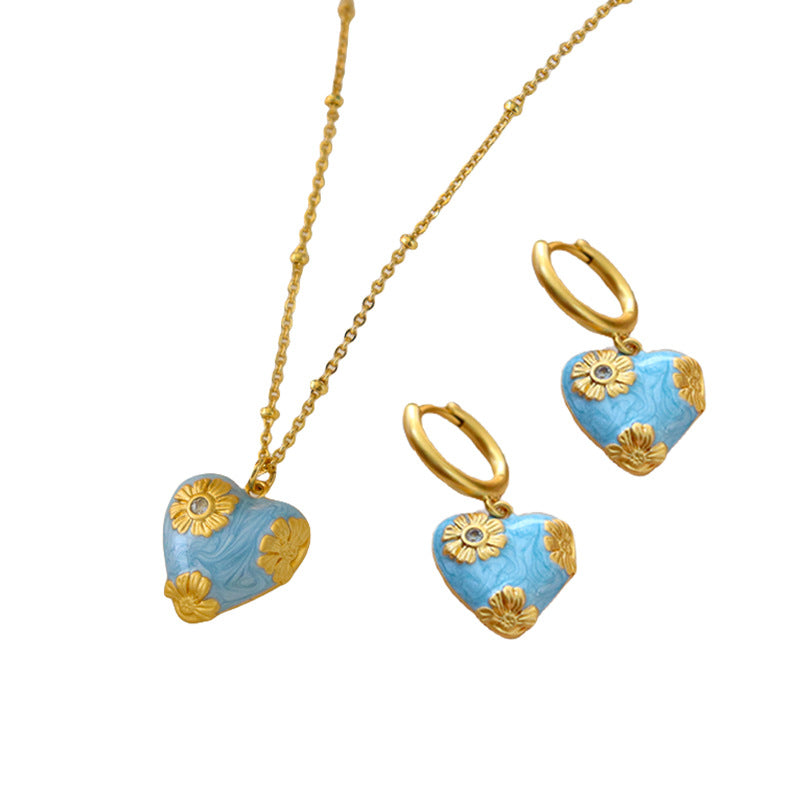 Heart Blue Gold Anti Tarnish Necklace Pendant Chain Earring Set Bulk