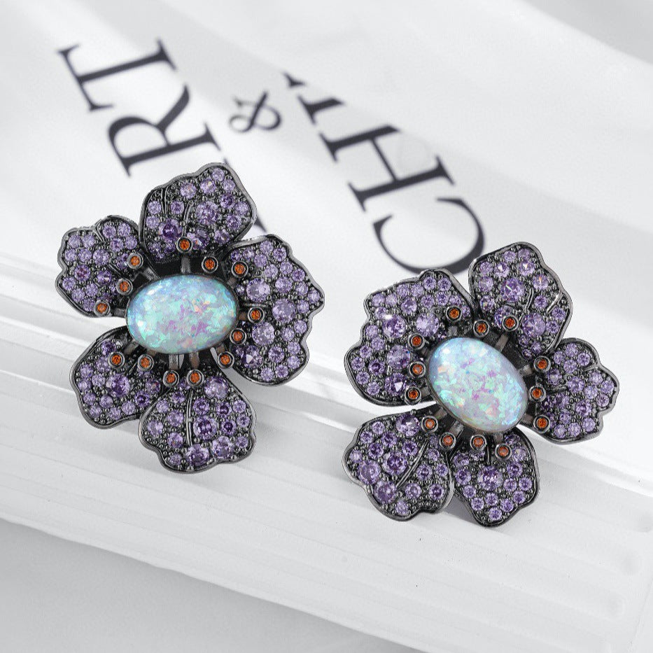 Purple Flower Black Cubic Zirconia Copper Drop Earrings For Women Bulk