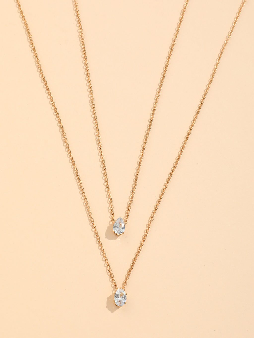 Oval Drop Solitaire 18K Gold Plated Cubic Zirconia Anti Tarnish Dual Layer Chain Necklace For Women