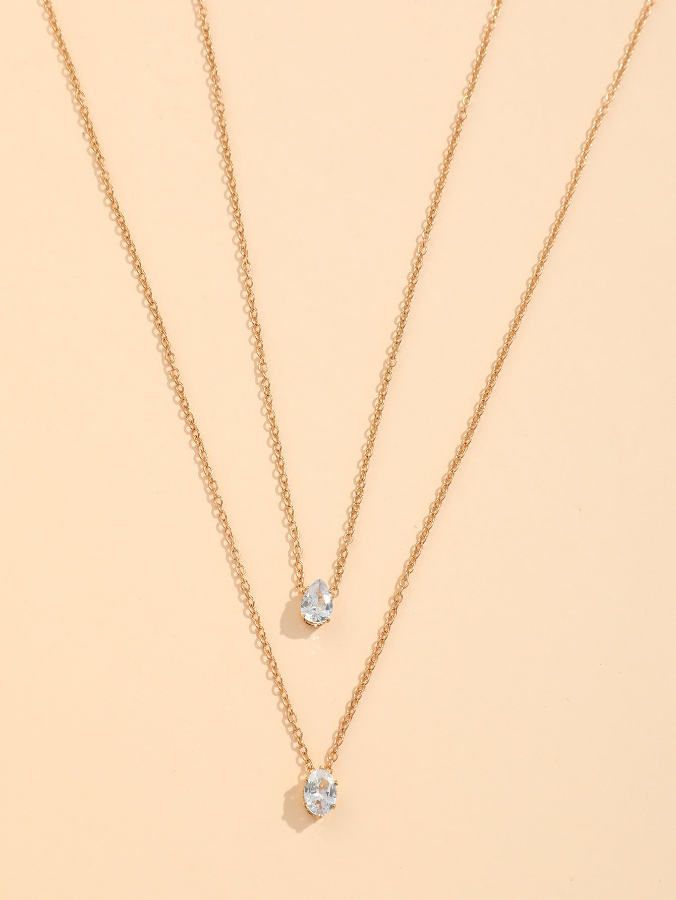 Oval Drop Solitaire 18K Gold Plated Cubic Zirconia Anti Tarnish Dual Layer Chain Necklace For Women