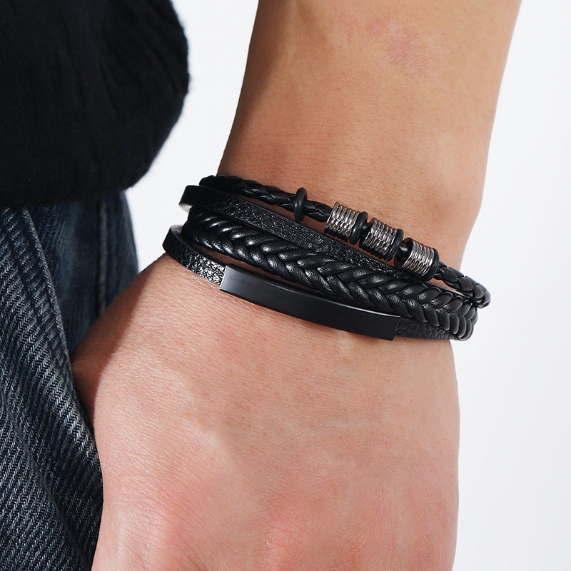Rope Ring Black Brown Stainless Steel Multi Layer Wrist Band Id Leather Bracelet For Men