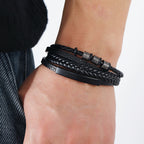 Rope Ring Black Brown Stainless Steel Multi Layer Wrist Band Id Leather Bracelet For Men
