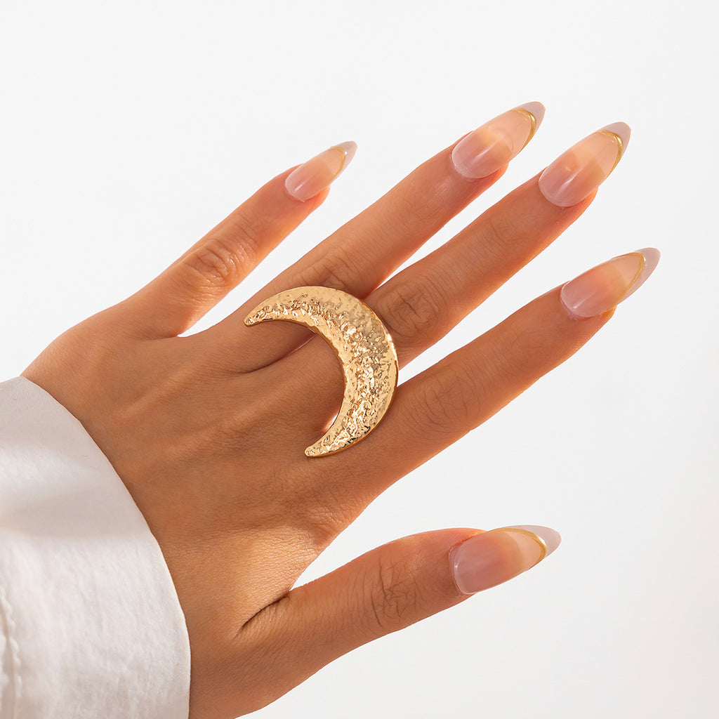 Beaten Finish Crescent Moon 18K Gold Free Size Ring For Women Bulk