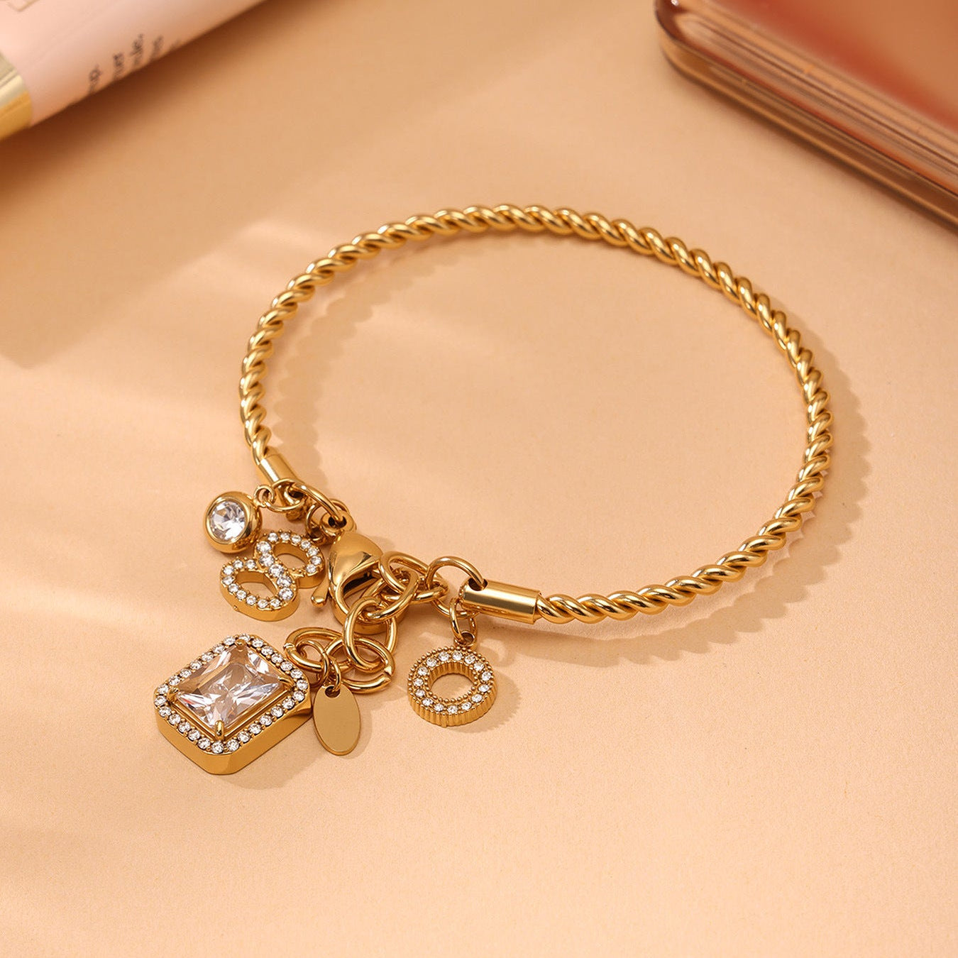 Square Solitaire 18K Gold Silver Cubic Zirconia Stainless Steel Charm Bracelet Kada For Women