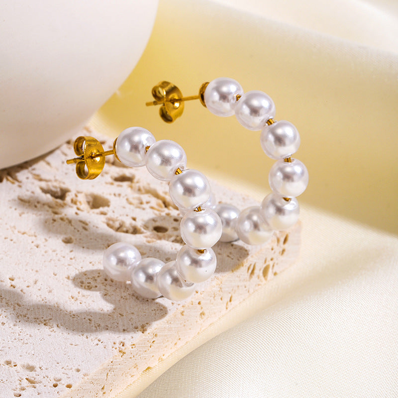 White Elegant Faux Gold Plated Pearl Stainless Steel Hoop Earrings Bulk Main image