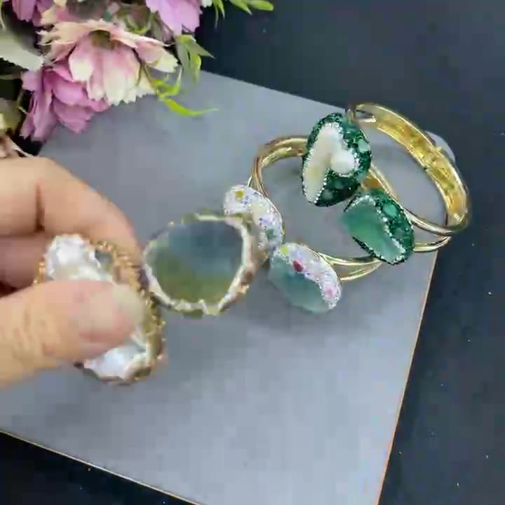 Dual Gemstone 18K Gold Pearl Openable Kada Bracelet For Women Bulk Secondary image