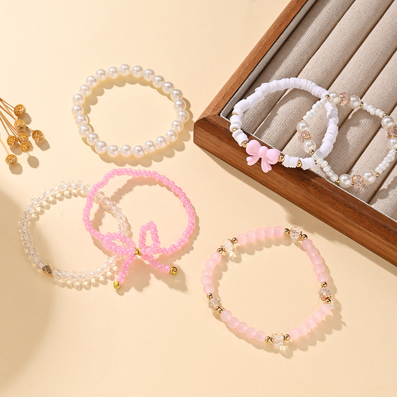 Pink Layered Stretchable Bow Charm Gold Plated Crystal Bracelet Bulk Secondary image
