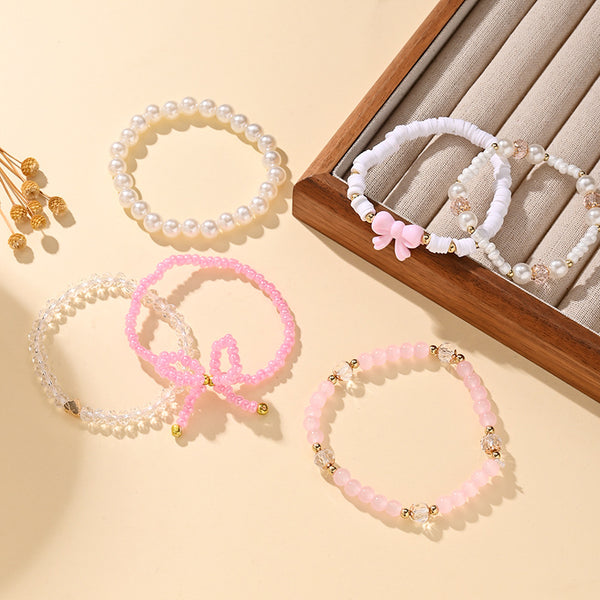 Pink Layered Stretchable Bow Charm Gold Plated Crystal Bracelet Bulk Secondary image