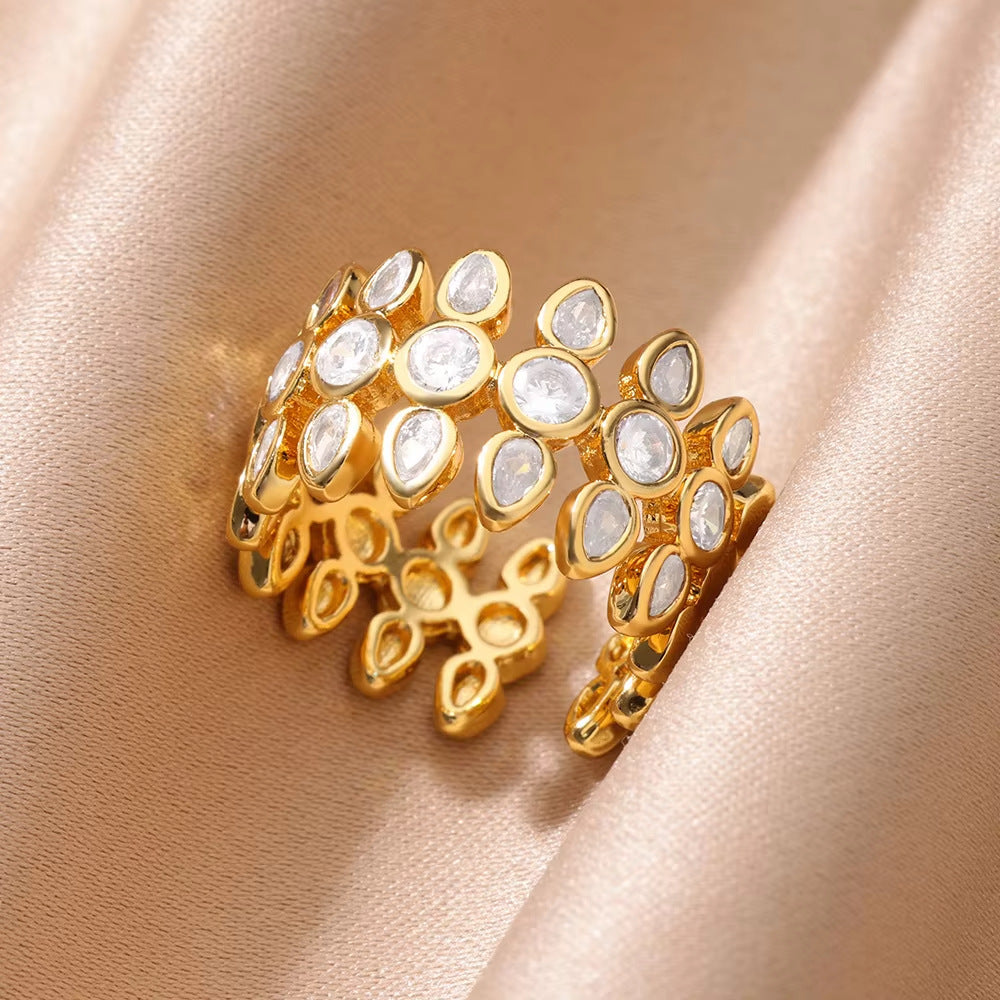 Bulk White Classic Flower Cluster Gold CZ Copper Adjustable Fancy Ring