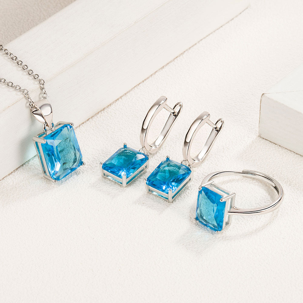 Rectangle Solitaire Silver Multi Color Cubic Zirconia Pendant Chain Earring Ring Set For Women