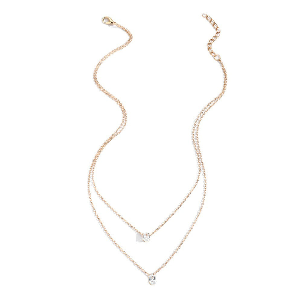Oval Drop Solitaire 18K Gold Plated Cubic Zirconia Anti Tarnish Dual Layer Chain Necklace For Women