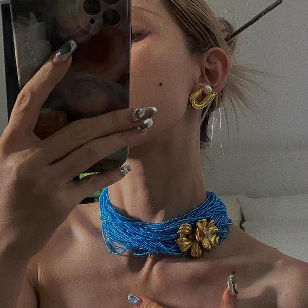 Turquoise Blue Multi Strand Floral Choker Gold Copper Necklace Bulk Main image