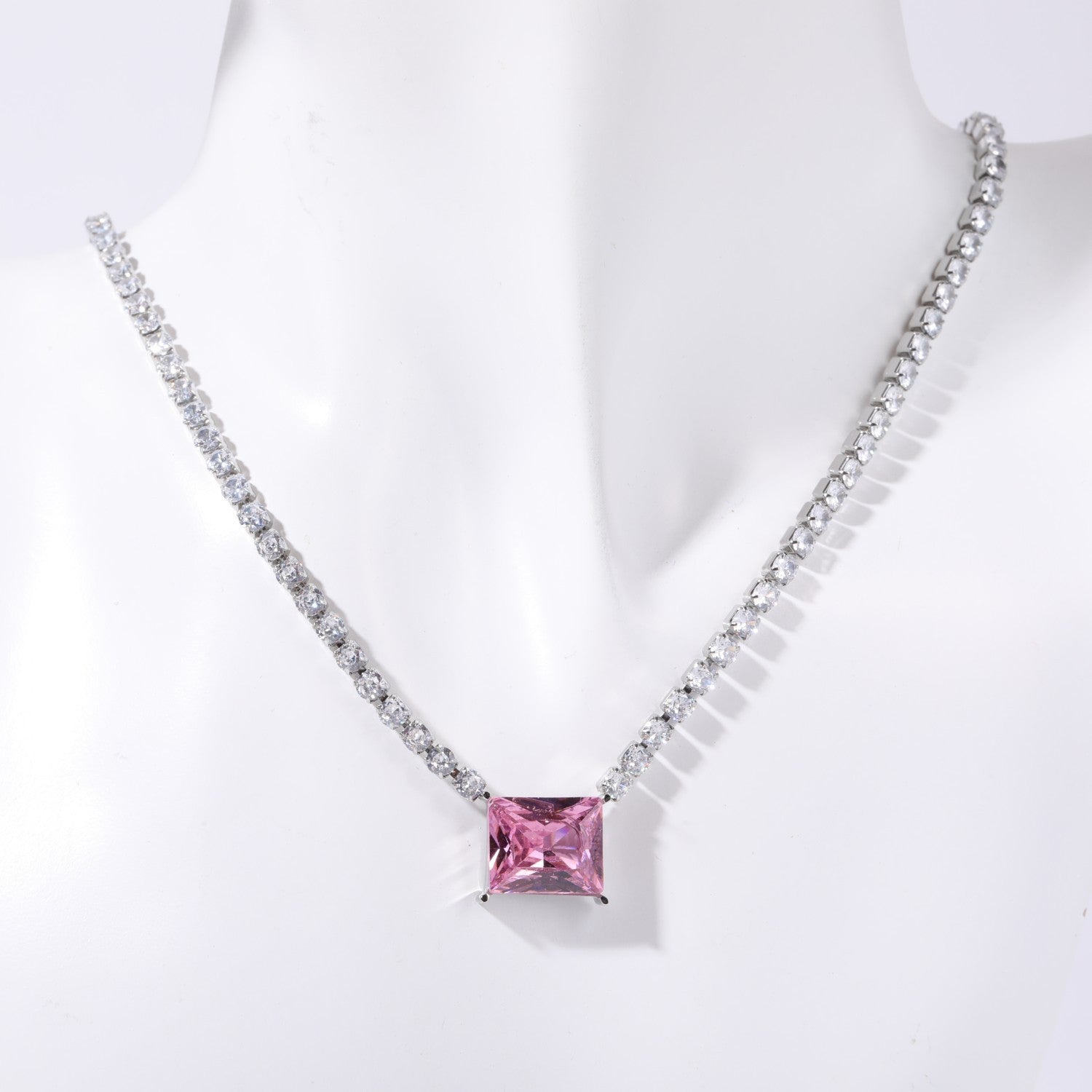 Rectangle Solitaire Silver Yellow Pink Cubic Zirconia Crystal Stainless Steel Anti Tarnish Necklace Chain For Women Main image
