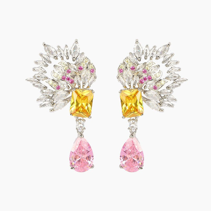 Elegant Gold Tone Pink Yellow White CZ Copper Necklace Earring Set Bulk