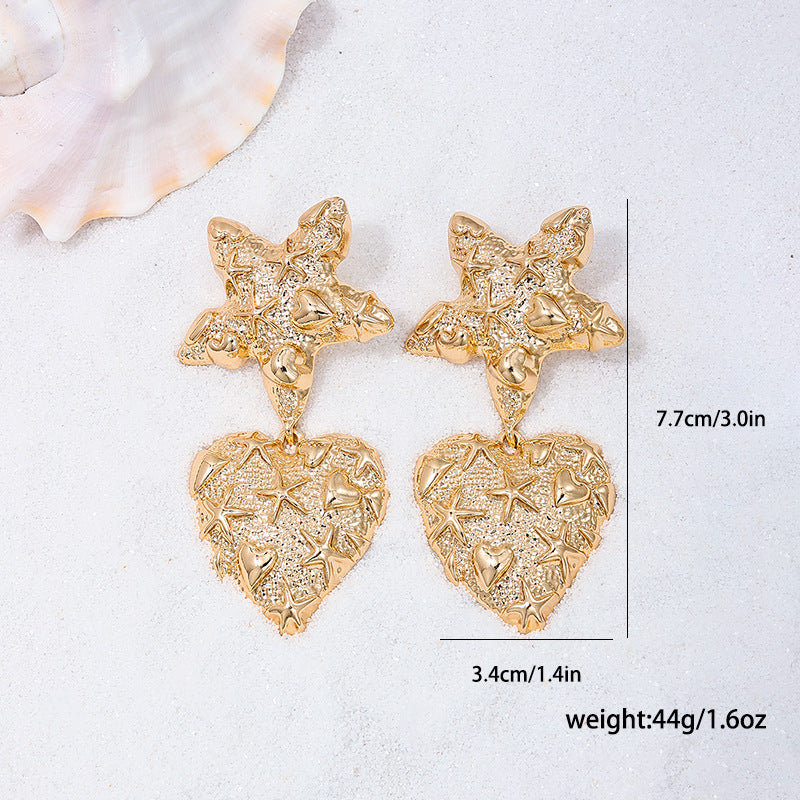 Star Fish Heart Beaten Finish 18K Gold Dangler Earring For Women Bulk
