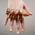 Molded Finger Yellow Gold Plated Rhinestone Crystal Adjustable Ring Bulk