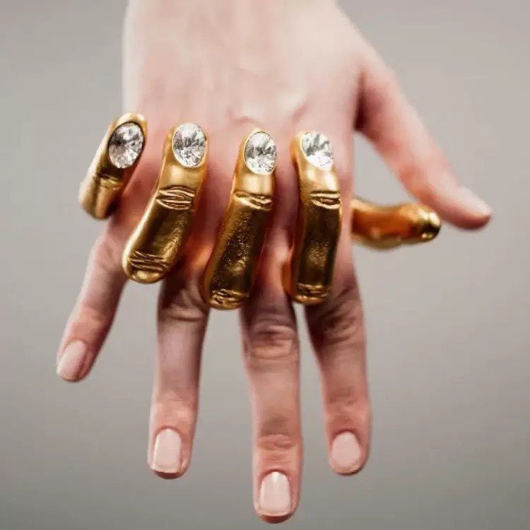 Molded Finger Yellow Gold Plated Rhinestone Crystal Adjustable Ring Bulk