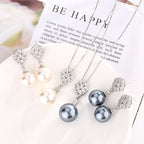White Gray Elegant Leaf Silver CZ Pearl Copper Necklace Earring Set Bulk