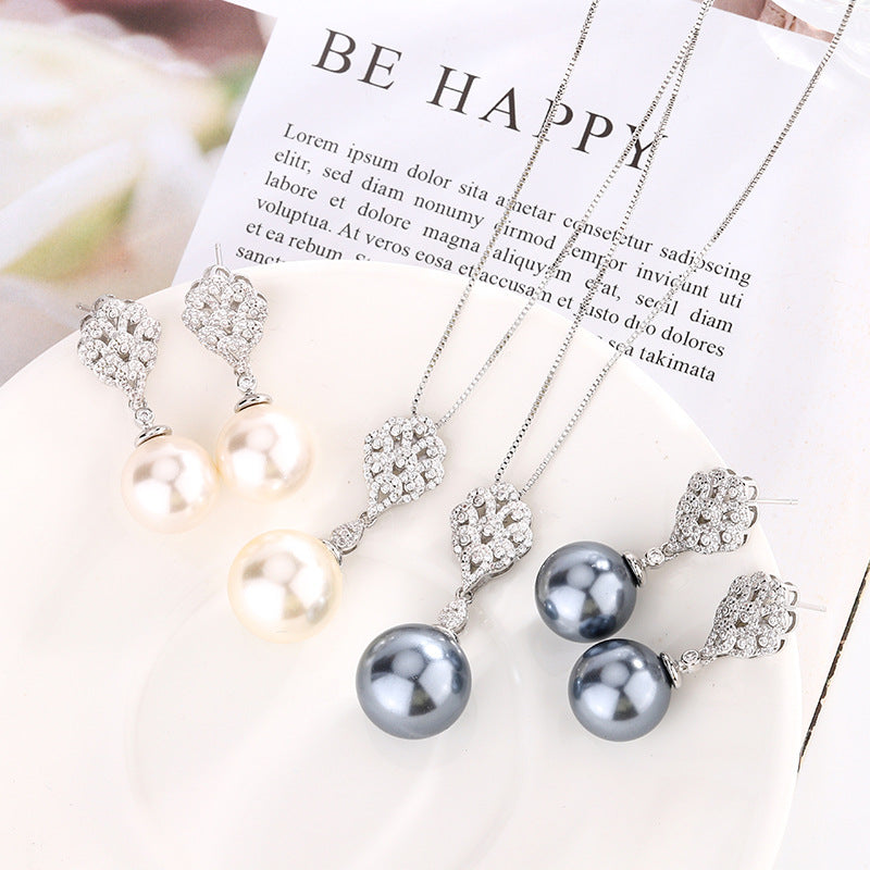 White Gray Elegant Leaf Silver CZ Pearl Copper Necklace Earring Set Bulk