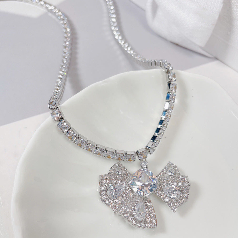 Luxury Silver Plated CZ Crystal Bow Anti Tarnish Copper Necklace Bulk