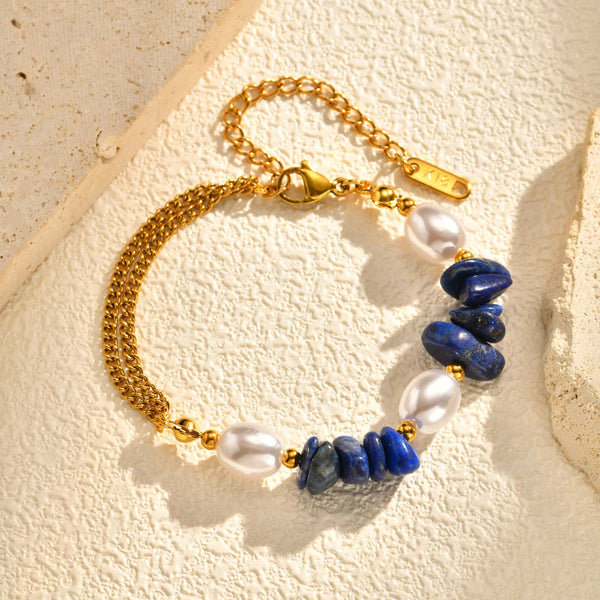 Bulk Blue White Mixed Stone Chain Gold Beads Stainless Steel Bracelet Main image